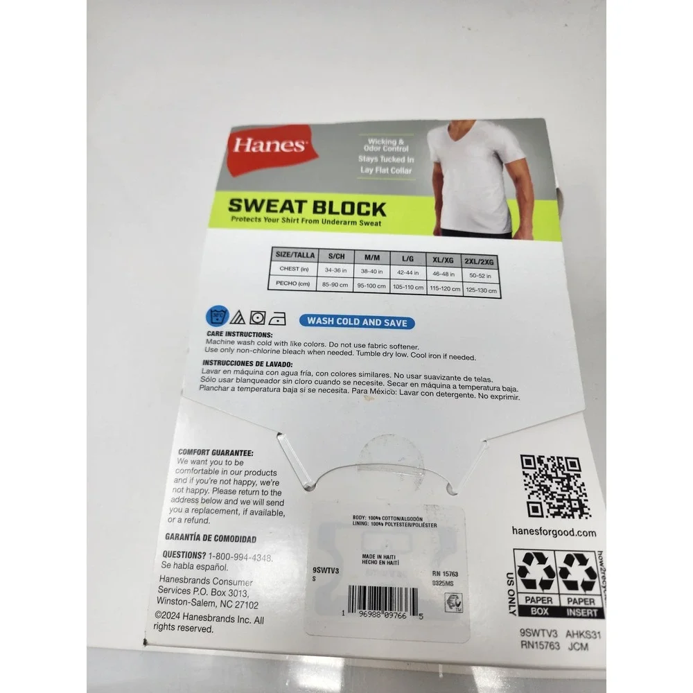 Hanes Mens Sweat Block V-Neck Undershirts White Cotton Blend Athletic Size Small